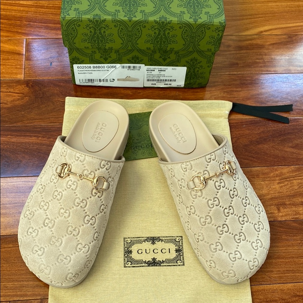 Gucci Beige Mules with Gold Accents